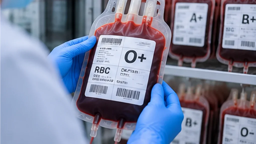 Blood bank personnel handling a labeled blood bag inside a clinical blood storage facility.