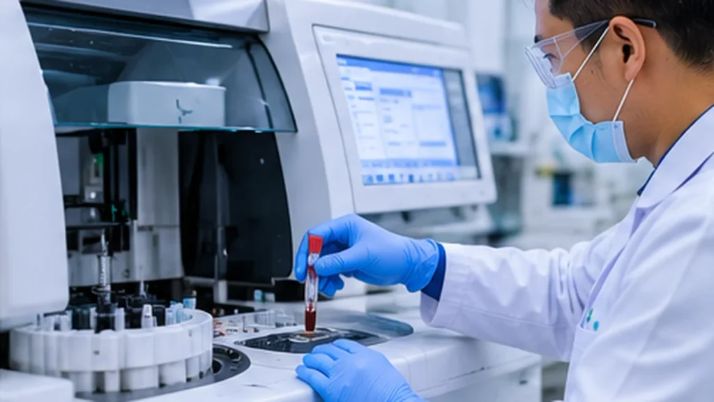 Medical laboratory technologist processing blood samples using an automated clinical chemistry analyzer.