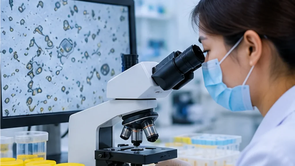 Laboratory technologist examining clinical specimens through a microscope.
