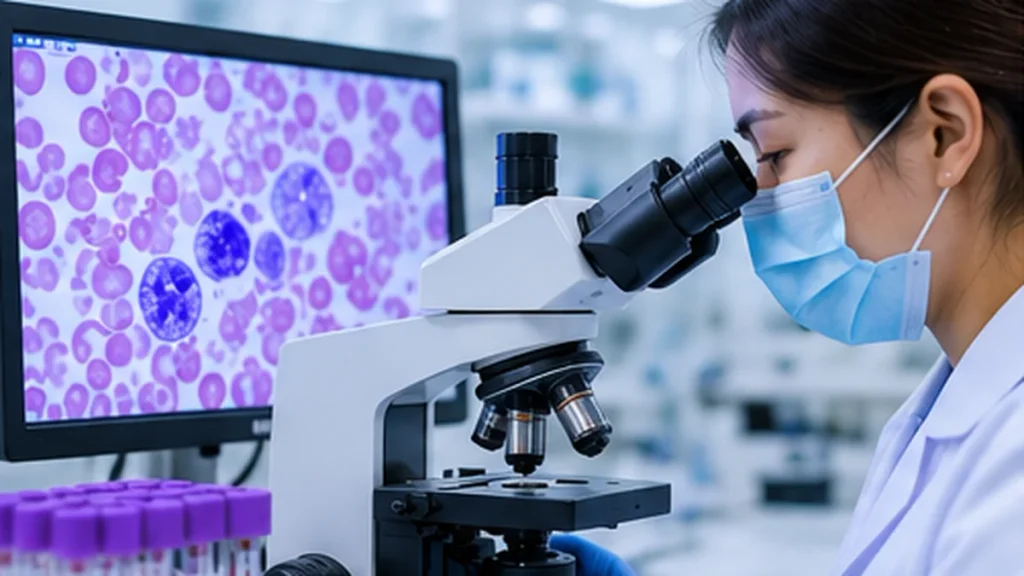 Medical laboratory technologist examining a blood sample under a microscope.