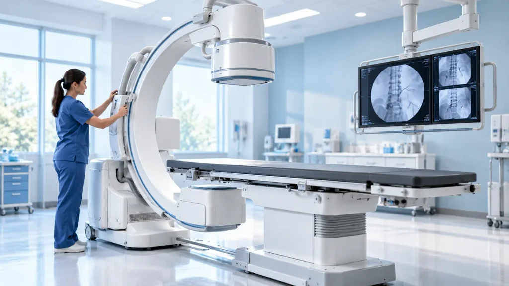 Fluoroscopy imaging equipment and display monitors inside a modern diagnostic procedure room.