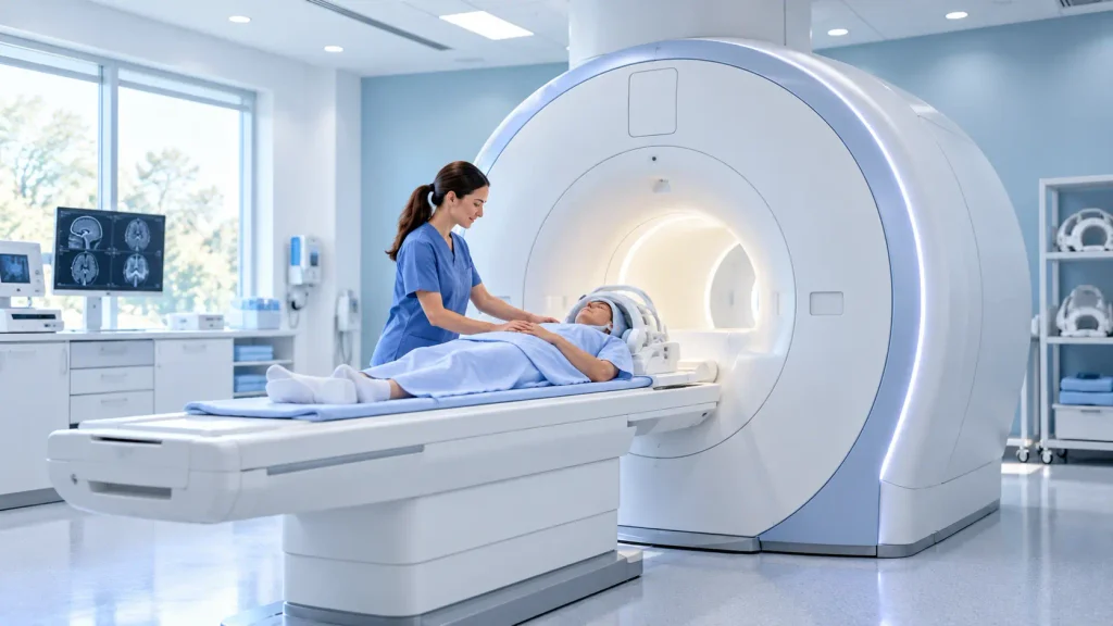 Patient undergoing a CT scan examination in a modern hospital imaging facility.