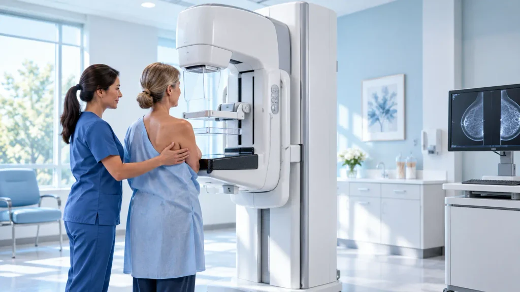 Healthcare professional assisting a patient during a mammography examination.