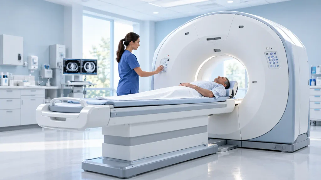 Patient positioned inside an MRI scanner with assistance from a radiologic technologist.