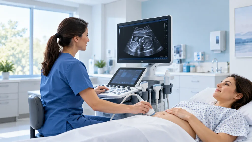 Sonographer performing an ultrasound examination using modern diagnostic imaging equipment.
