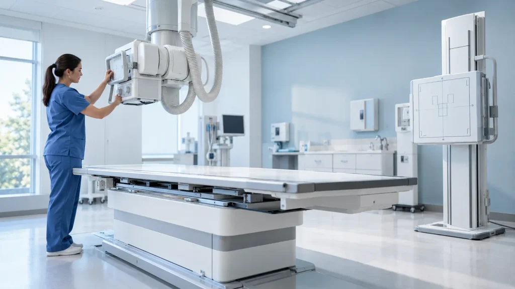 Radiologic technologist operating digital X-ray equipment in a hospital imaging room.