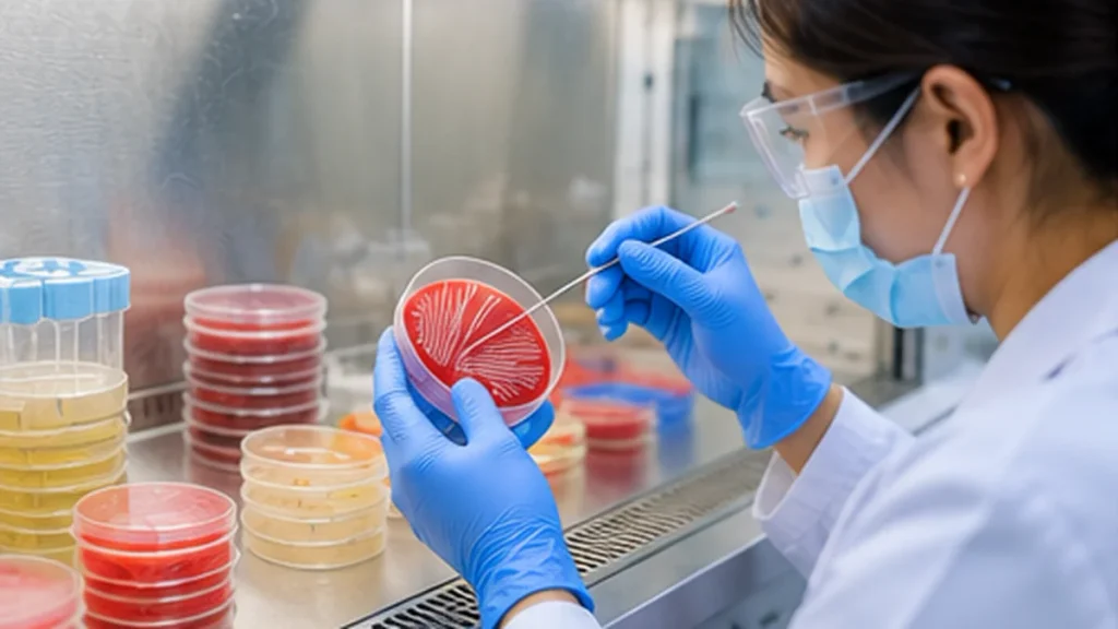 Microbiology laboratory technologist examining bacterial cultures in a Petri dish.