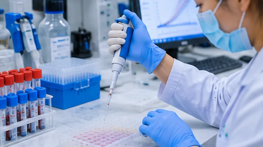 Laboratory technologist using a micropipette to prepare samples for serological and immunological testing.